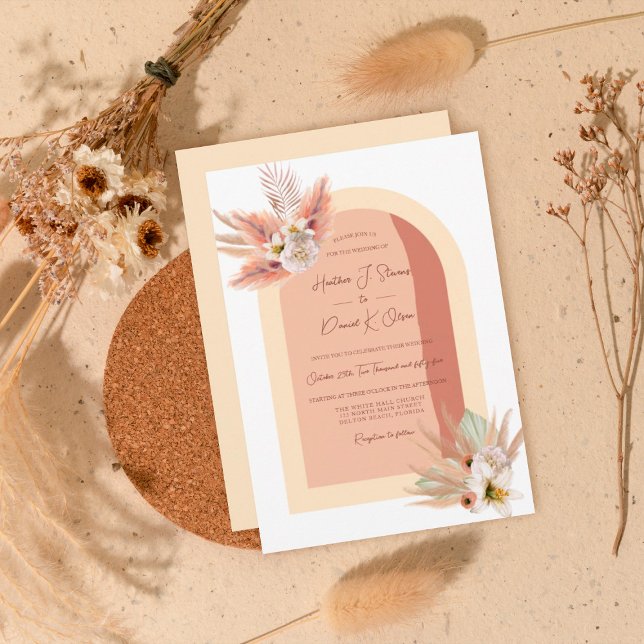 Boho Pampas Grass Floral Beige Terracotta Wedding Einladung (Von Creator hochgeladen)