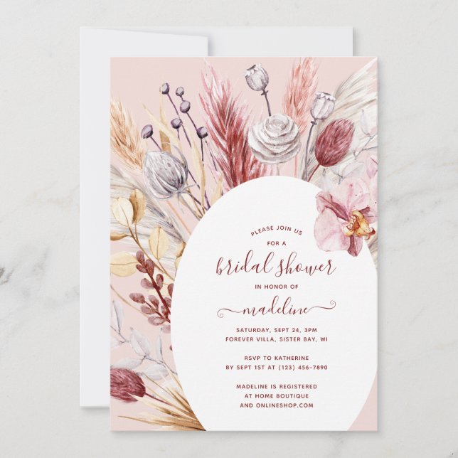 Boho Pampas Grass Floral Brautparty Einladung (Vorderseite)