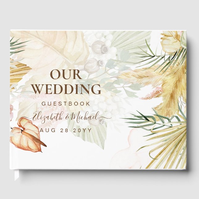 BOHO Pampas Grass Floral Coral Sage Wedding Gast Gästebuch (Vorderseite)
