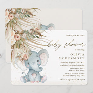 Boho Pampas Grass Floral Elephant Baby Dusche Einladung
