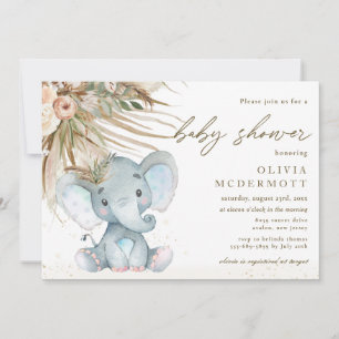 Boho Pampas Grass Floral Elephant Baby Shower Boy Einladung
