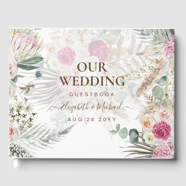 BOHO Pampas Grass Floral Pink Sage Wedding Gästebuch (Vorderseite)
