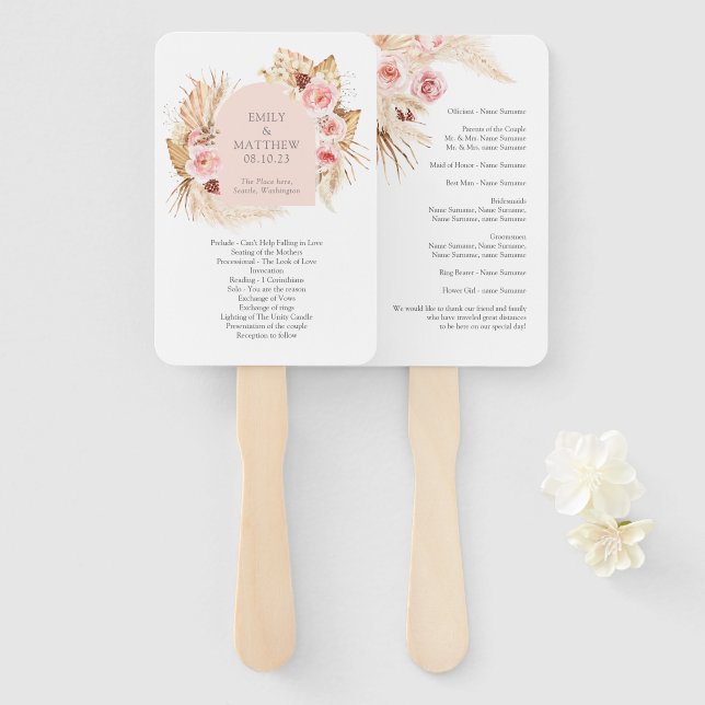 Boho Pampas Grass Floral Wedding Program Fan Fächer (Vorne und Hinten)
