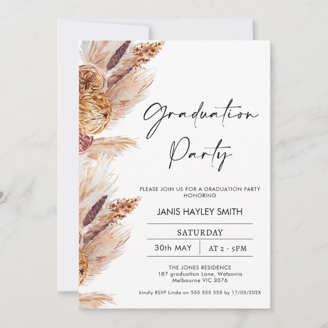 Boho Pampas Grass Foto Graduation Party Einladung (Vorderseite)