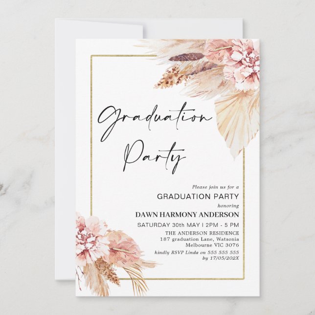 Boho Pampas Grass Frame Graduation Party Einladung (Vorderseite)