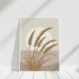 Boho Pampas Grass Full Moon Illustration Poster