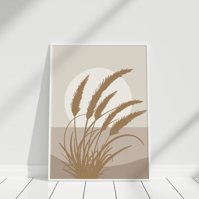 Boho Pampas Grass Full Moon Illustration Poster (Boho Pampas Grass Full Moon Illustration Poster on a white frame against white wall.)