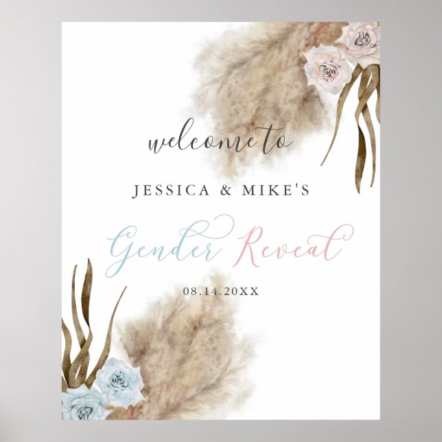 Boho Pampas Grass Gender Reveal Party Begrüßungsze Poster (Vorne)