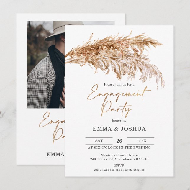 Boho Pampas Grass Gold Calligrafy Verlobung Einladung (Vorne/Hinten)
