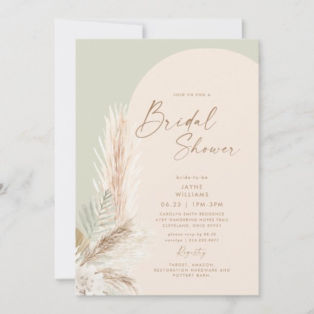 Boho Pampas Grass Gold Geometric Sage Bridal Einladung (Vorderseite)