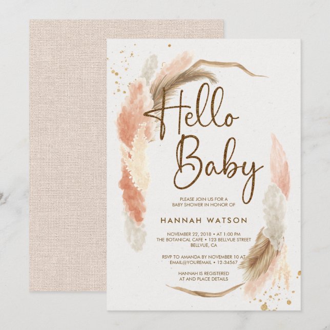 Boho Pampas Grass Hello Baby Shower Einladung (Vorne/Hinten)
