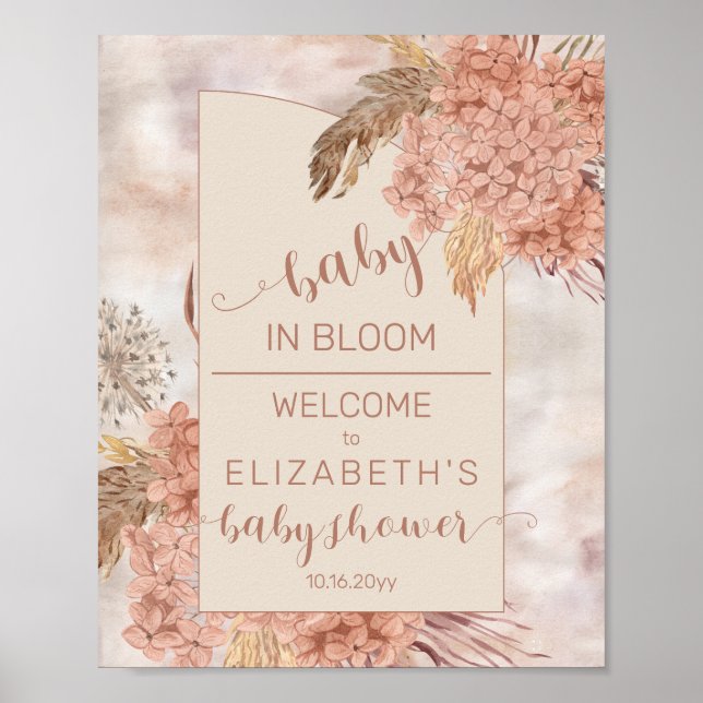 Boho Pampas Grass | Hydrangeas Babydusche Begrüßun Poster (Vorne)