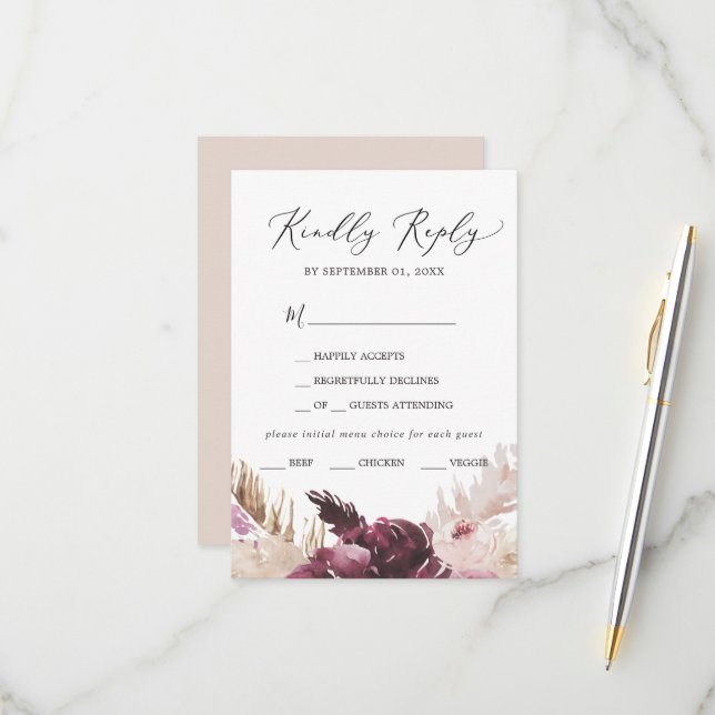 Boho Pampas Grass Menü Auswahl RSVP Karte (Vorderseite/Rückseite Beispiel)
