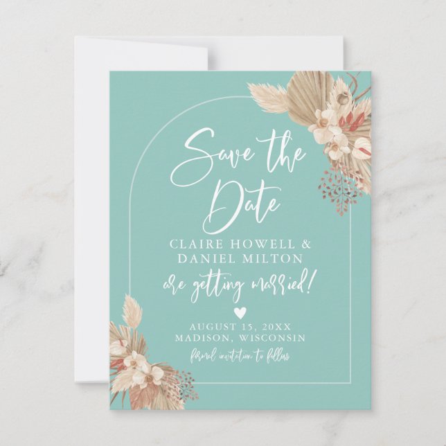 Boho Pampas Grass Mint Sage Save the Date (Vorderseite)