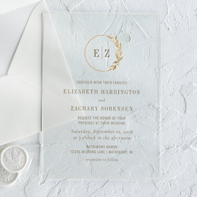 Boho Pampas Grass Monogram Wreath Beige Wedding Acryleinladungen (Von Creator hochgeladen)