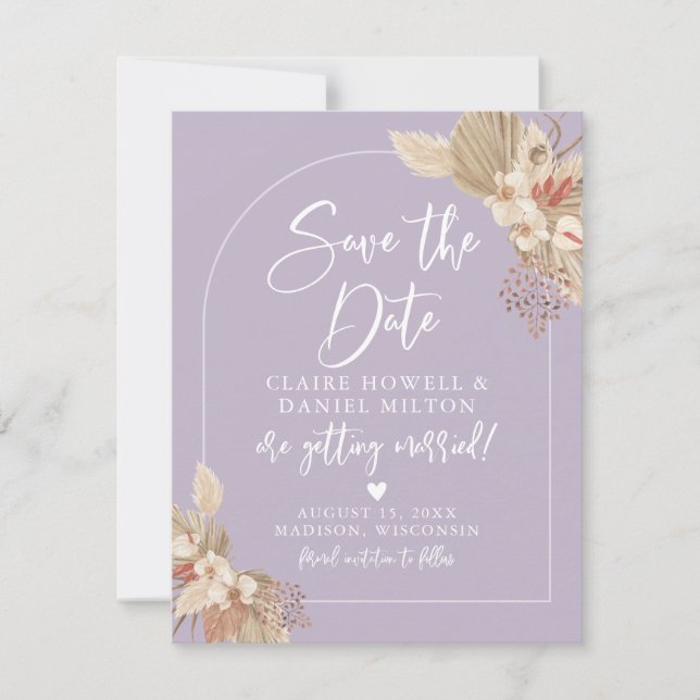 Boho Pampas Grass Mute Lavender Save the Date (Vorderseite)