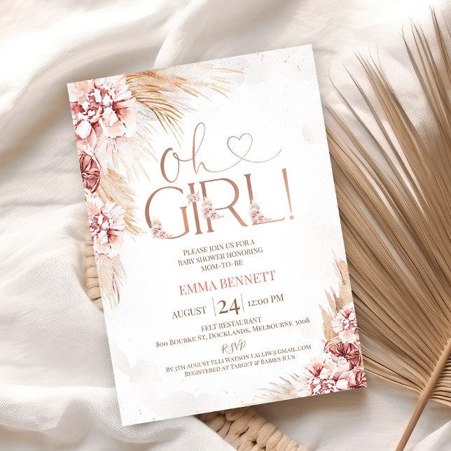 Boho Pampas Grass Oh Girl Baby Dusche Einladung (Boho Blush Floral Oh Girls Baby Shower Invitation, Pampas Grass, Girls Bohemian Baby Shower Invite)