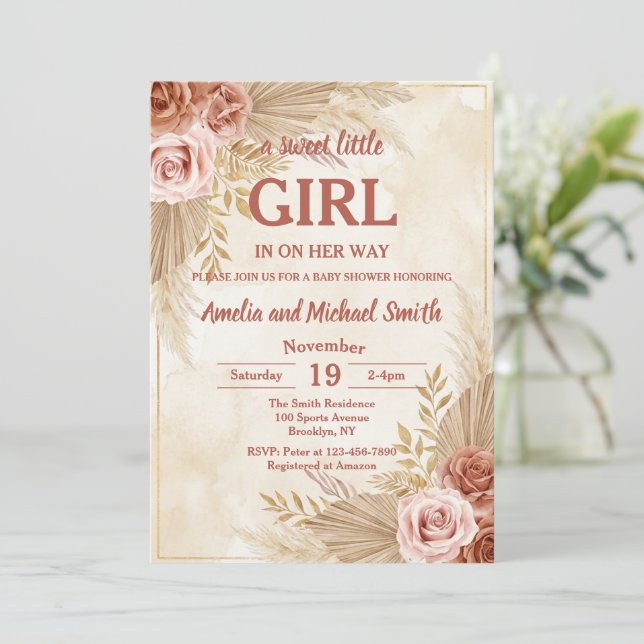 Boho Pampas Grass Oh Girl Baby Shower Einladung (Stehend Vorderseite)