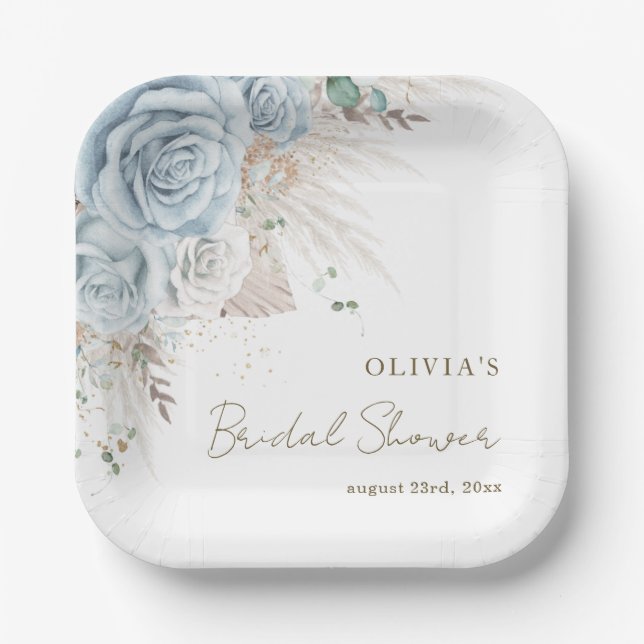 Boho Pampas Grass Pastel Blue Floral Brautparty Pappteller (Vorderseite)