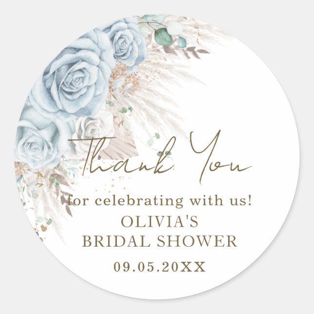 Boho Pampas Grass Pastel Blue Floral Brautparty Runder Aufkleber (Vorderseite)