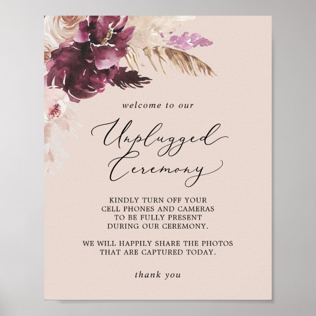 Boho Pampas Grass | Peach Unplugony Zeremony Sign Poster (Vorne)