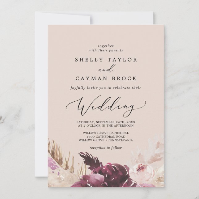Boho Pampas Grass | Peach Wedding Einladung (Vorderseite)