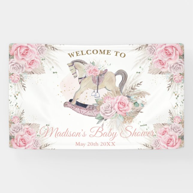 Boho Pampas Grass Pink Rocking Horse Baby Banner (Horizontal)