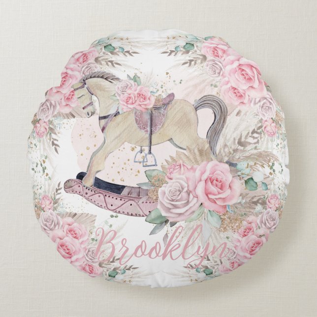 Boho Pampas Grass Pink Rockpferd Rundes Kissen (Vorderseite)