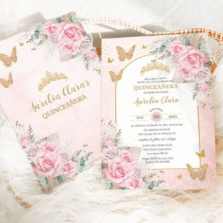 Boho Pampas Grass Pink Roses Floral Quinceañera Einladung