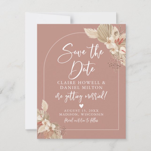 Boho Pampas Grass Pink Terracotta Save the Date (Vorderseite)