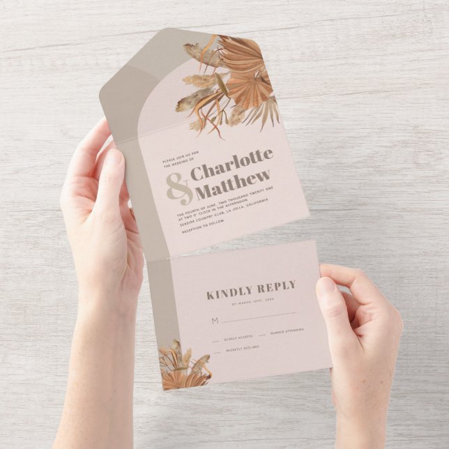 Boho Pampas Grass Pink Wedding All In One Einladung (Abreißen)