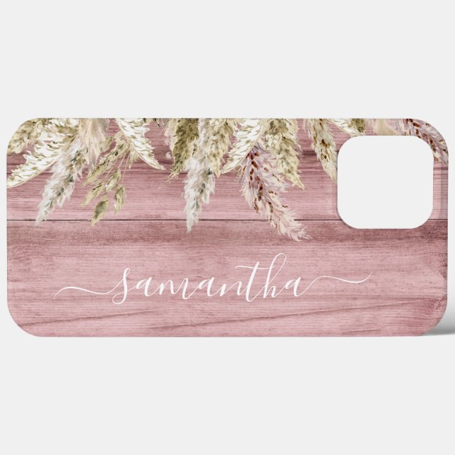 Boho Pampas Grass Pink Wood Look Monogramm Case-Mate iPhone Hülle (Rückseite (Horizontal))