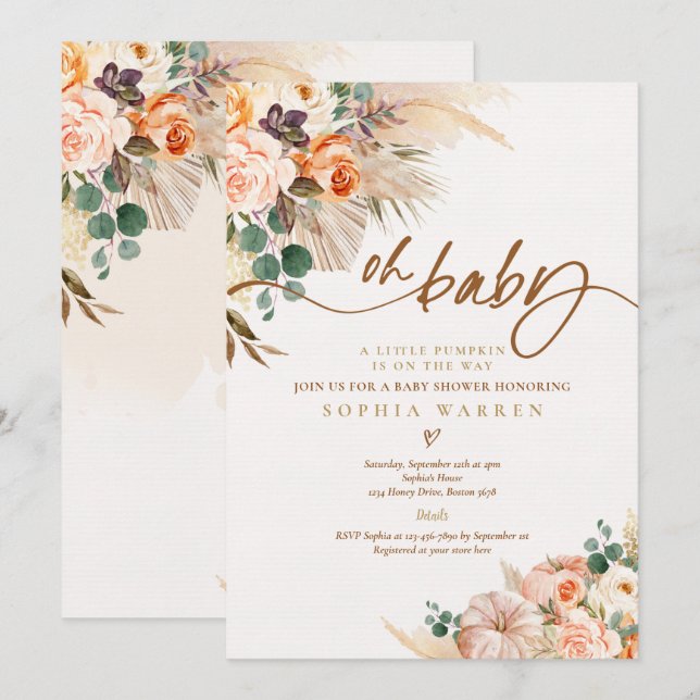 Boho Pampas Grass Pumpkin Baby Dusche Terracotta Einladung (Vorne/Hinten)