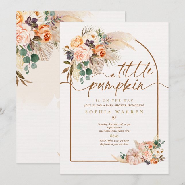 Boho Pampas Grass Pumpkin Baby Dusche Terracotta Einladung (Vorne/Hinten)