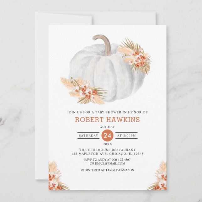 Boho Pampas Grass Pumpkin Baby Shower Einladung (Vorderseite)