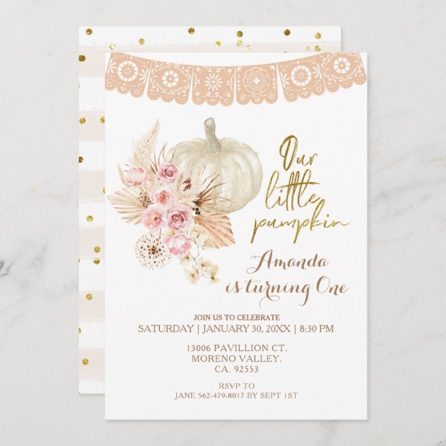 Boho Pampas Grass Pumpkin Einladung zum 1. Geburts (Vorne/Hinten)