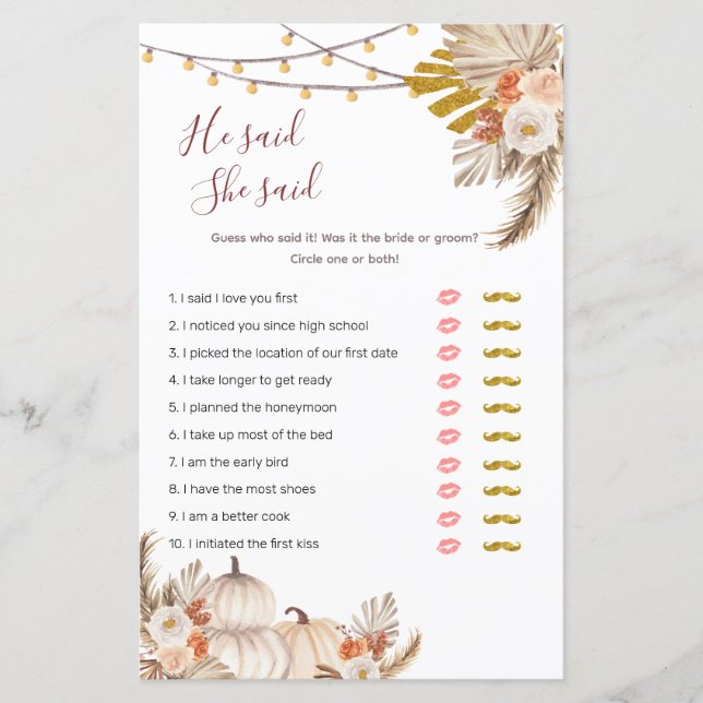 Boho Pampas Grass Pumpkin Er sagte, sie sagte: "Ga (Vorderseite)