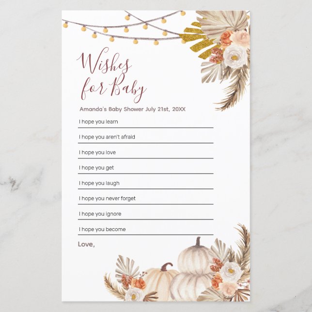 Boho Pampas Grass Pumpkin wünscht sich Baby (Vorderseite)