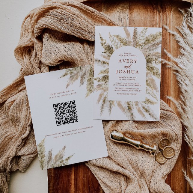 Boho Pampas Grass Qr Code in einer Hochzeit Einladung (Von Creator hochgeladen)