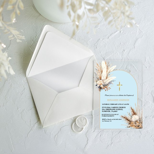 Boho Pampas Grass Rainbow Boy Taufe Christening Acryleinladungen (Von Creator hochgeladen)