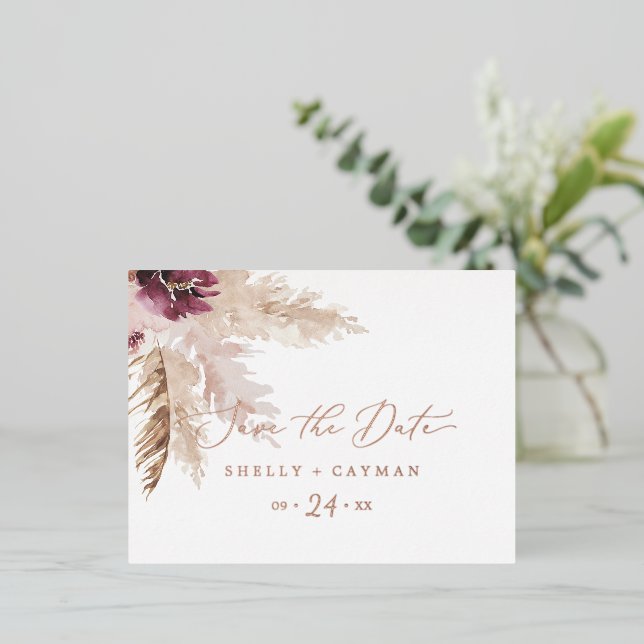 Boho Pampas Grass | Rose Gold Foil Save the Date Folie Einladungspostkarte (Stehend vorne)