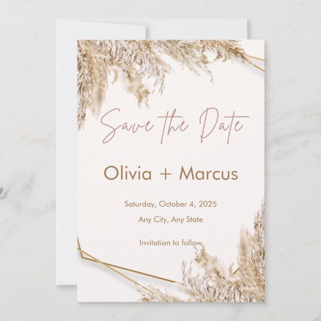 Boho Pampas Grass Save the Date | Neutral Beige Einladung (Vorderseite)