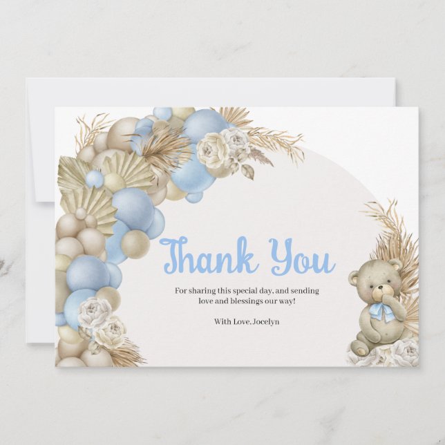 Boho Pampas Grass Teddy Bear Baby Dusche Vielen Da Dankeskarte (Vorderseite)