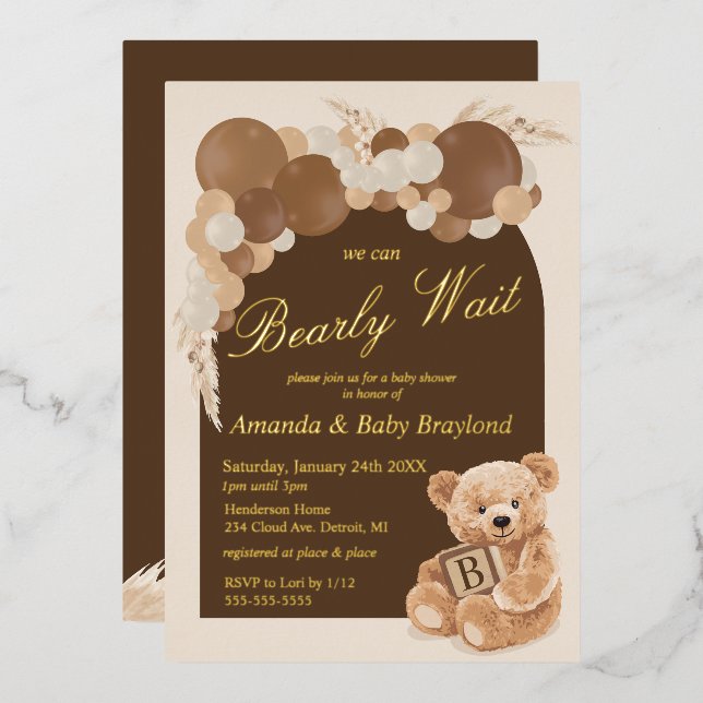 Boho Pampas Grass Teddy Bear Baby Shower Folieneinladung (Vorderseite/Rückseite)