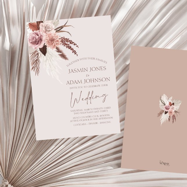 Boho Pampas Grass Terracotta Blumenzehen Einladung (Boho Dusty Pink Dried Flowers Pampas Grass Wedding Invitation)
