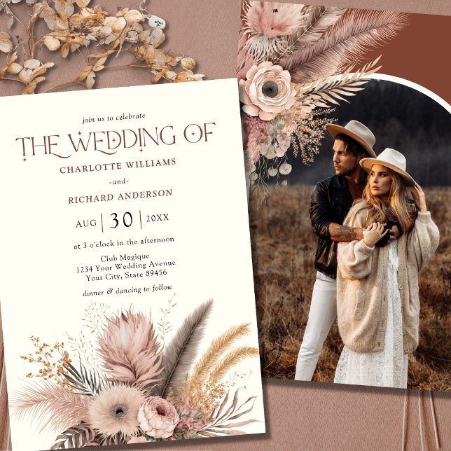 Boho Pampas Grass Terracotta Foto Wedding Einladung (Von Creator hochgeladen)