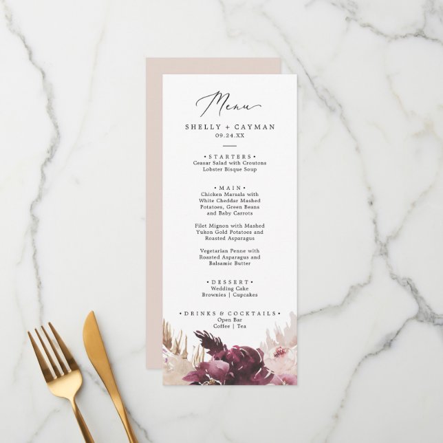 Boho Pampas Grass Wedding Dinner Menu Menükarte (Vorderseite/Rückseite Beispiel)