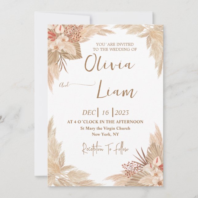 Boho Pampas Grass Wedding Einladung (Vorderseite)