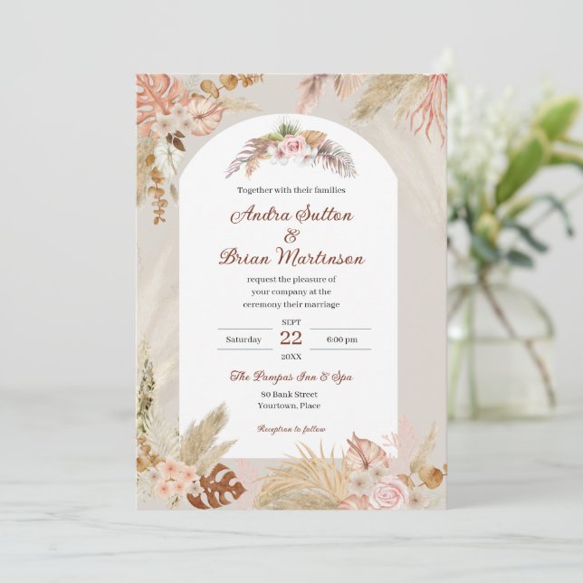 Boho Pampas Grass Wedding Einladung (Stehend Vorderseite)