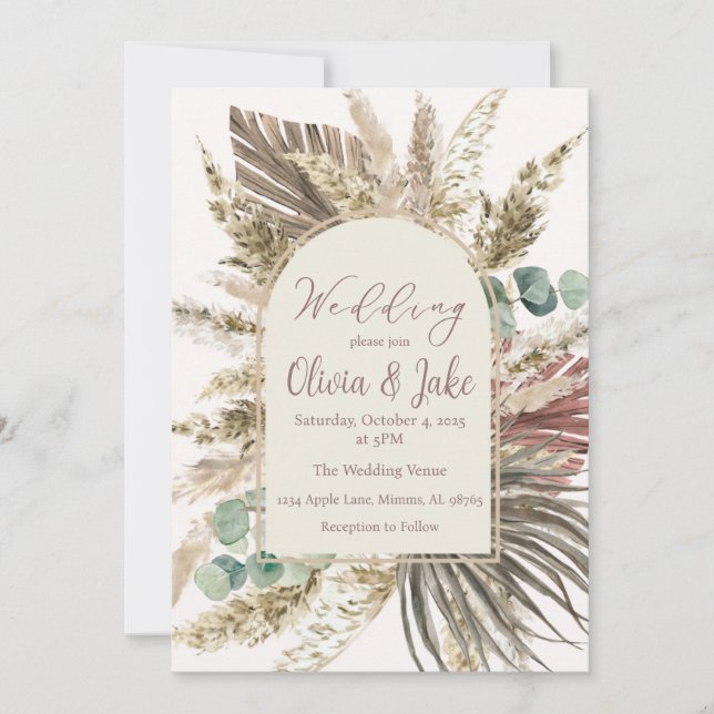 Boho Pampas Grass Wedding Einladung — Seite Grün (Vorderseite)